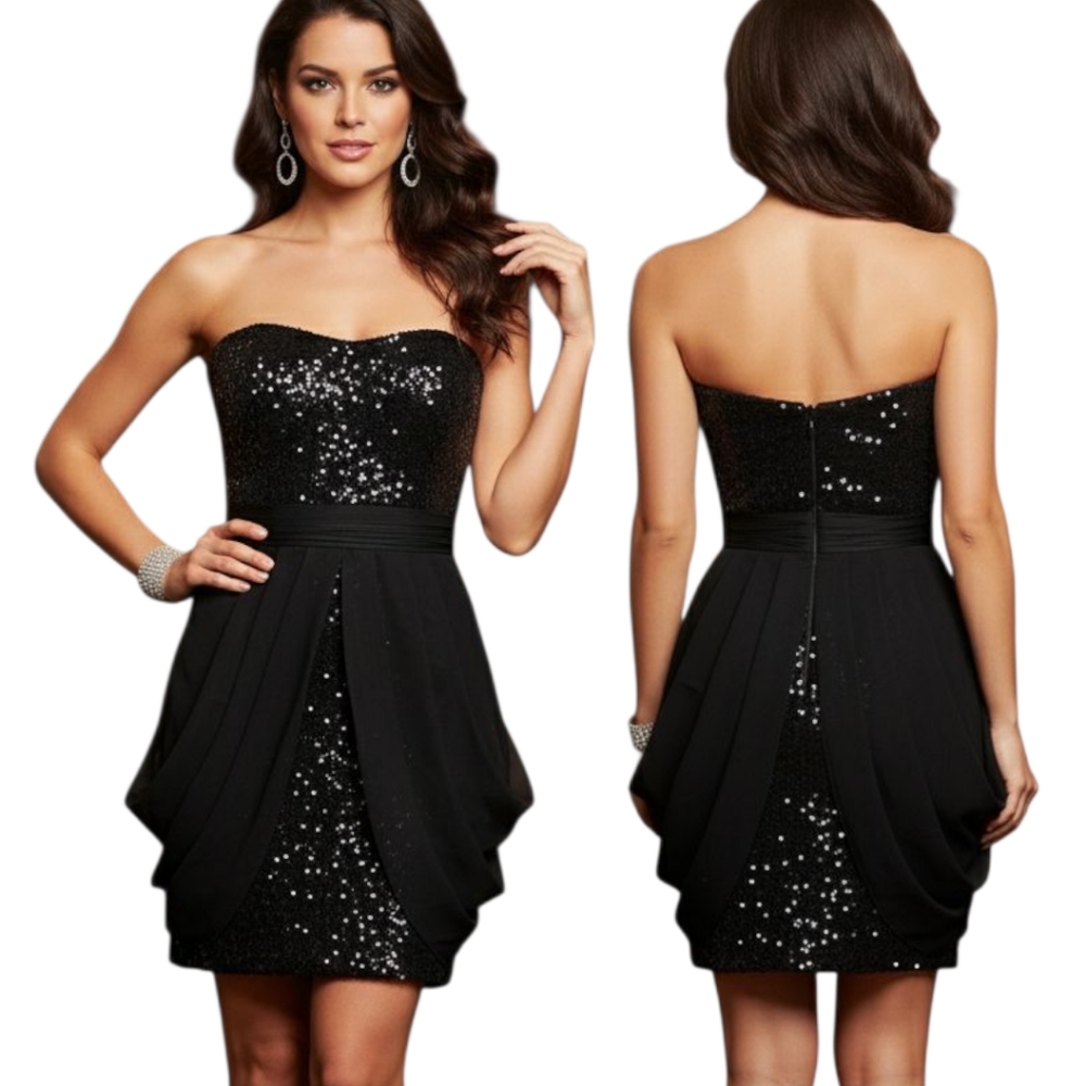 BADGLEY MISCHKA Silk Sequin Strapless Peplum Dress - Size 6